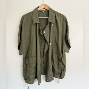 Eileen Fisher Organic Linen Classic Collar Short Sleeve Jacket OliveGreen Medium